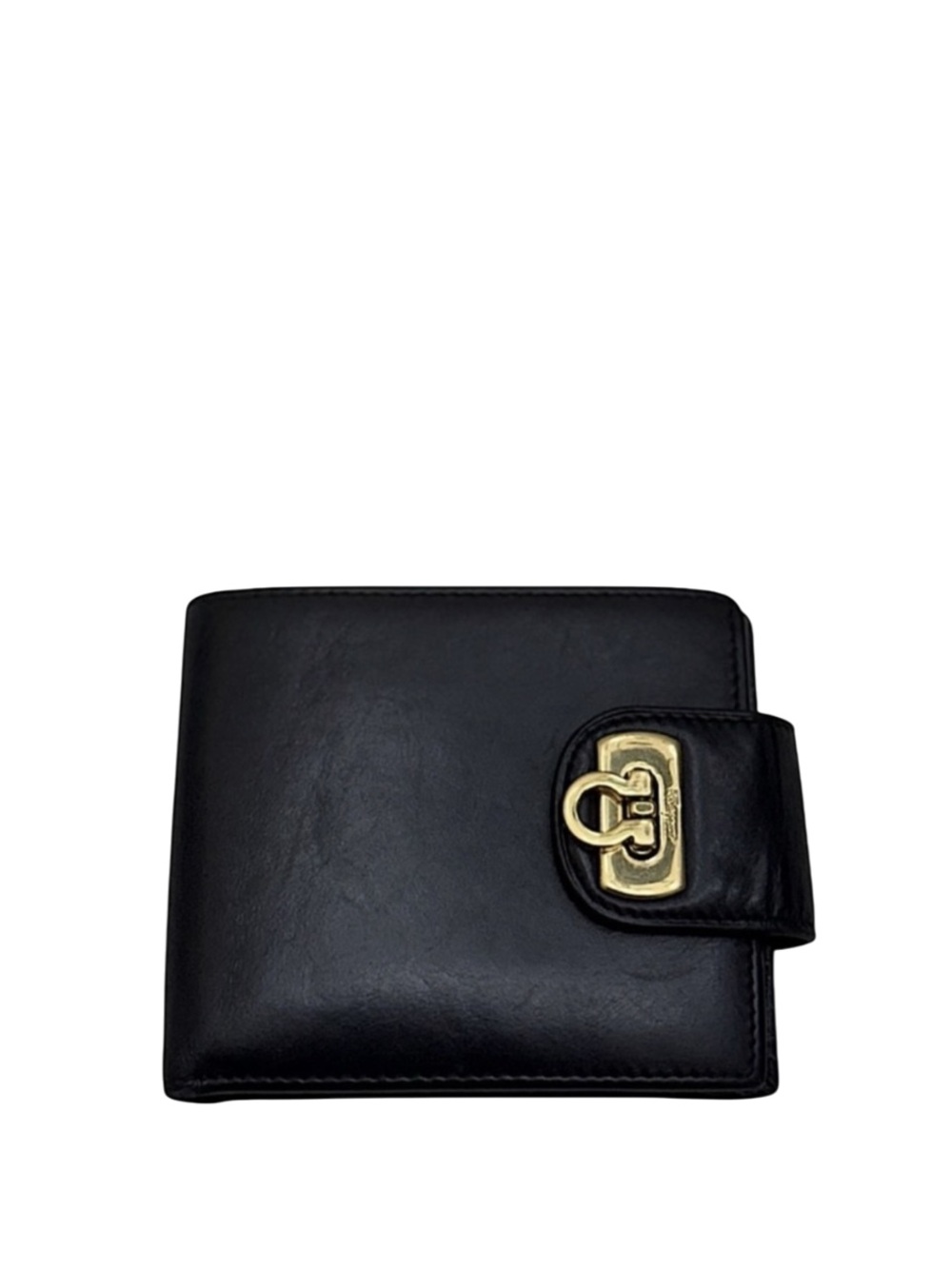 SALVATORE FERRAGAMO - BLACK LEATHER GOLD PLATED SECURE CLOSURE BIFOLD WALLET